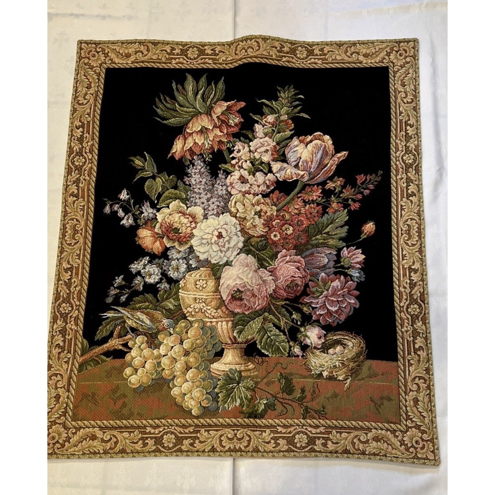 Vtg  Flemish Tapestry Wall Hanging Floral Still Life Brussels Bouquet Belgium